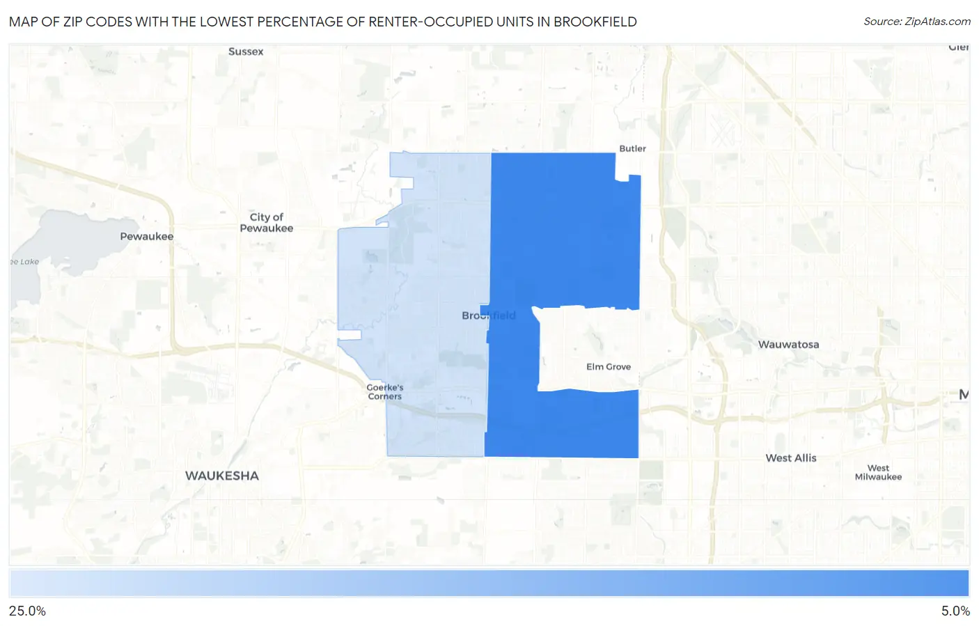 Zip Codes with the Lowest Percentage of Renter-Occupied Units in Brookfield Map