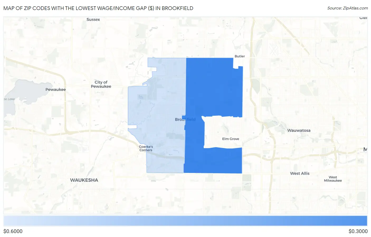 Zip Codes with the Lowest Wage/Income Gap ($) in Brookfield Map