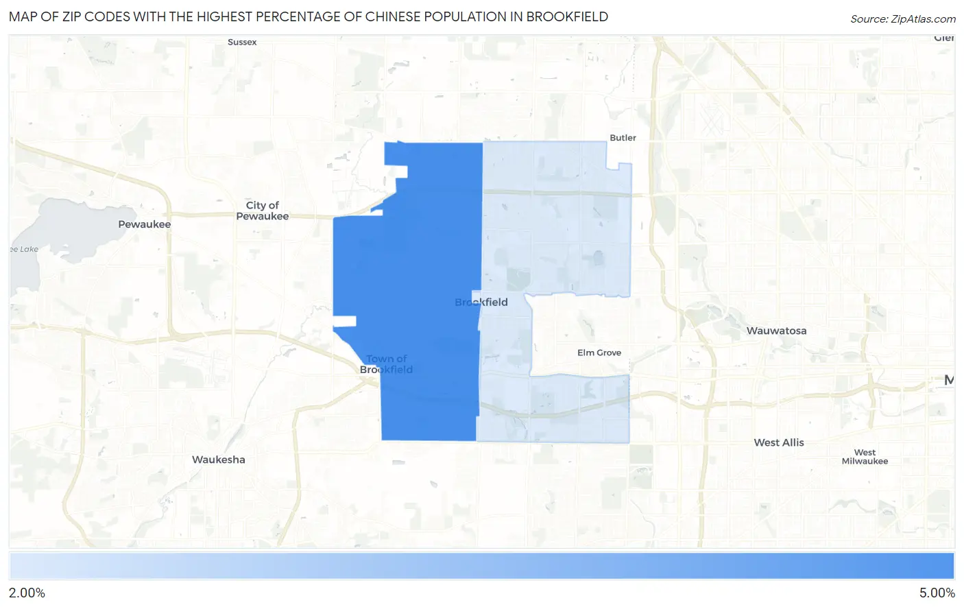 Zip Codes with the Highest Percentage of Chinese Population in Brookfield Map