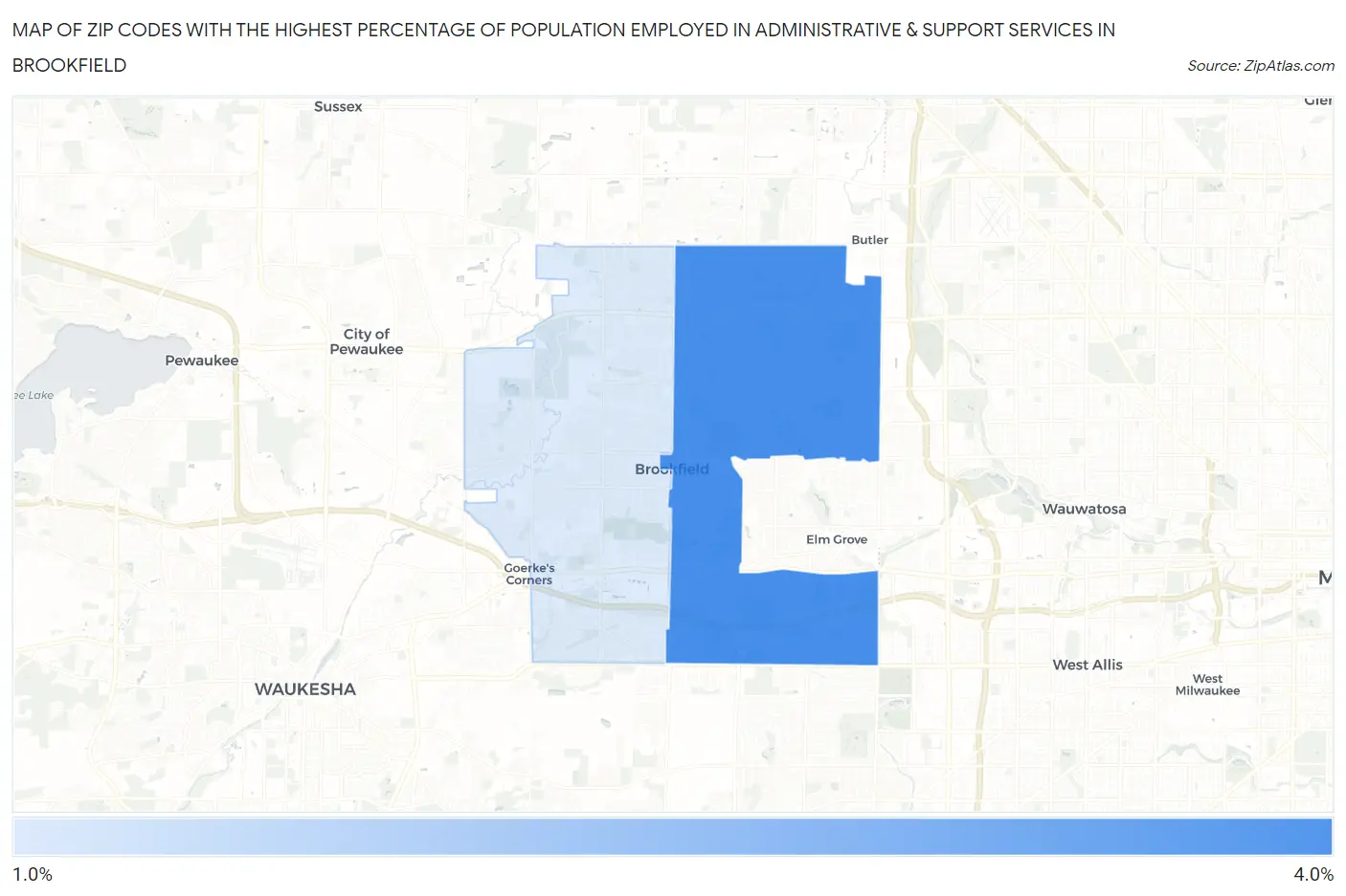 Zip Codes with the Highest Percentage of Population Employed in Administrative & Support Services in Brookfield Map