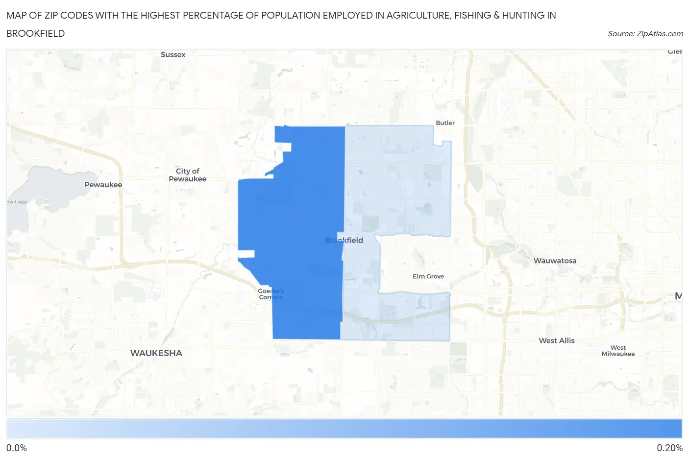 Zip Codes with the Highest Percentage of Population Employed in Agriculture, Fishing & Hunting in Brookfield Map