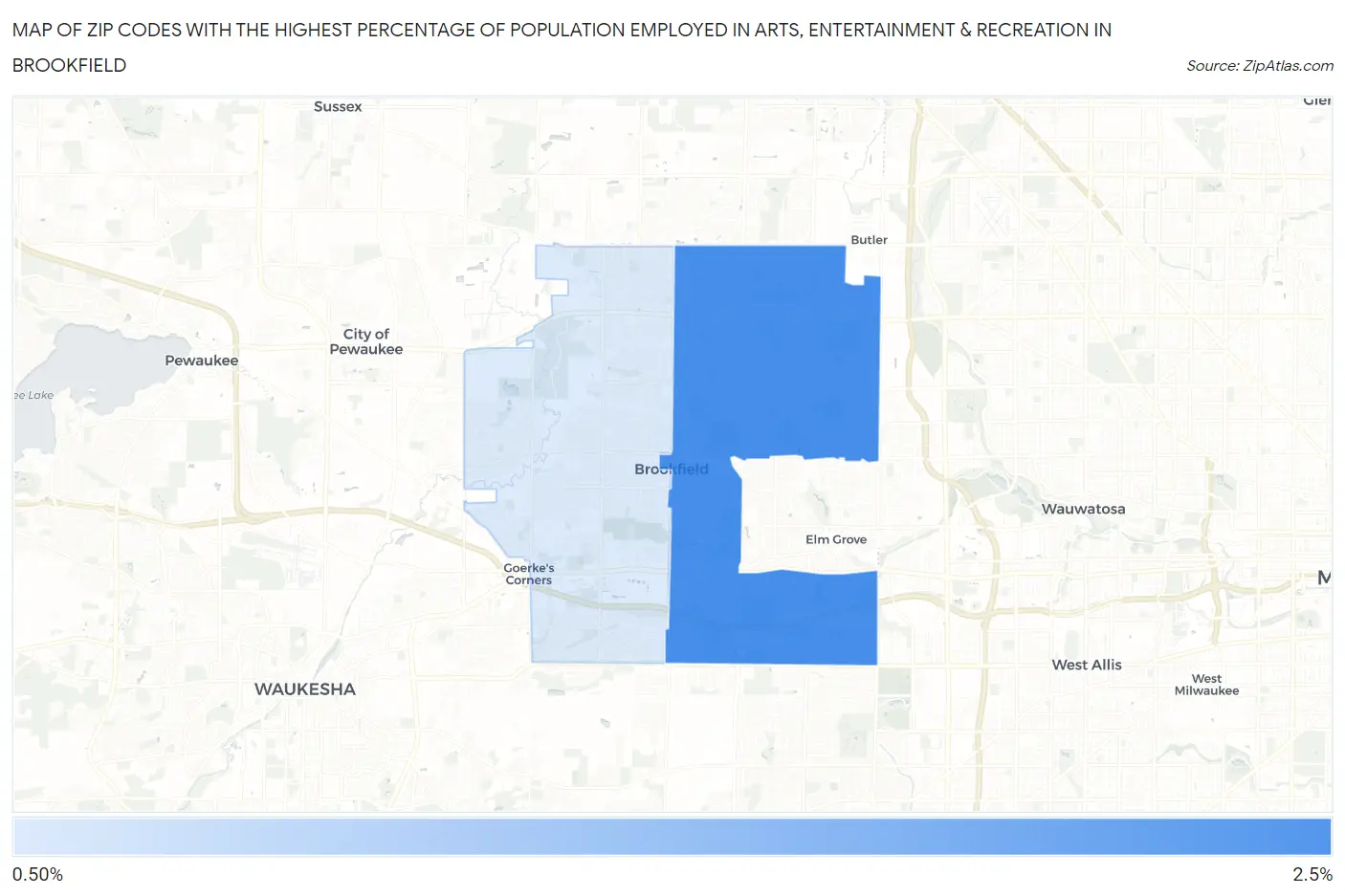 Zip Codes with the Highest Percentage of Population Employed in Arts, Entertainment & Recreation in Brookfield Map