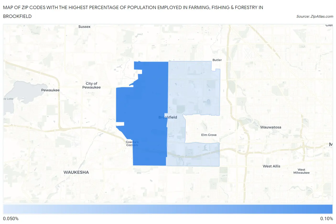 Zip Codes with the Highest Percentage of Population Employed in Farming, Fishing & Forestry in Brookfield Map