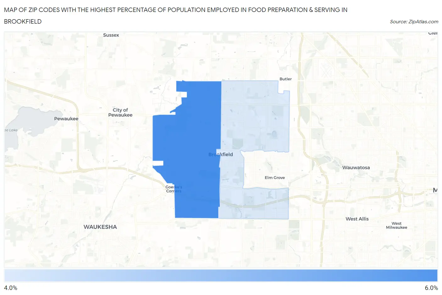 Zip Codes with the Highest Percentage of Population Employed in Food Preparation & Serving in Brookfield Map