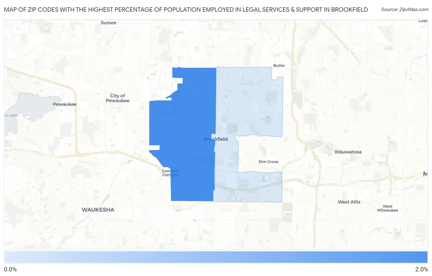 Zip Codes with the Highest Percentage of Population Employed in Legal Services & Support in Brookfield Map