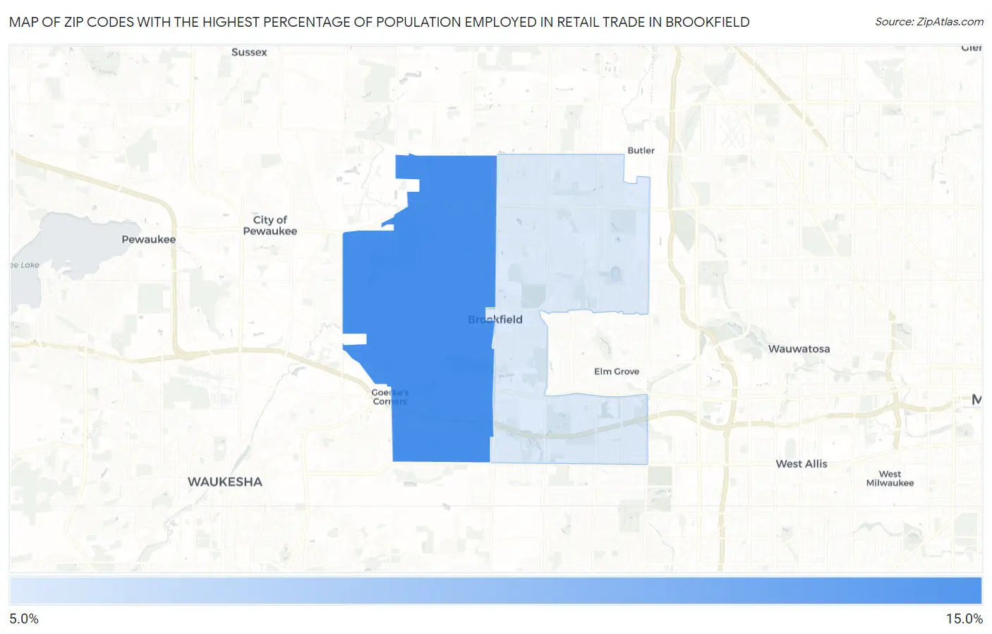 Zip Codes with the Highest Percentage of Population Employed in Retail Trade in Brookfield Map