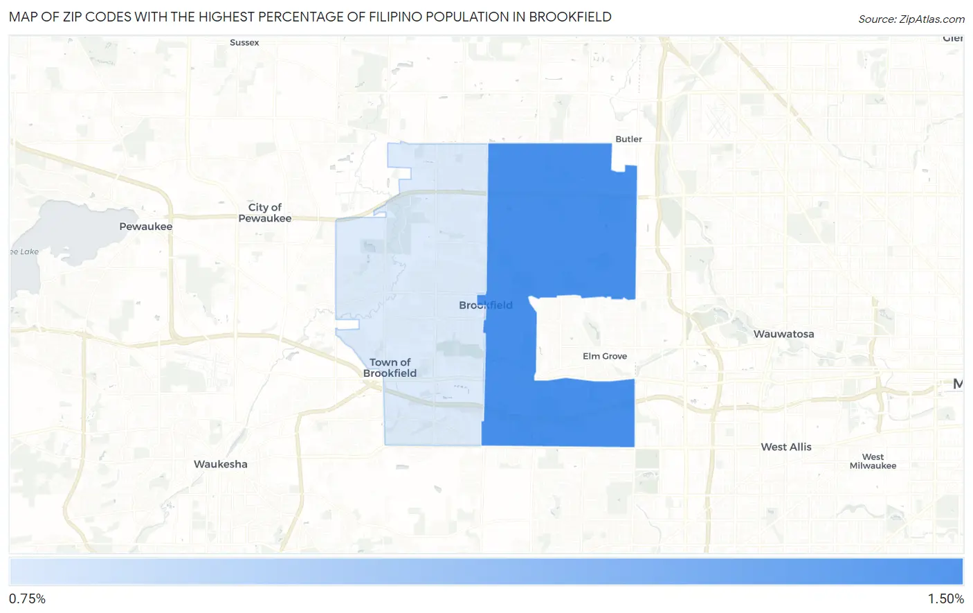 Zip Codes with the Highest Percentage of Filipino Population in Brookfield Map