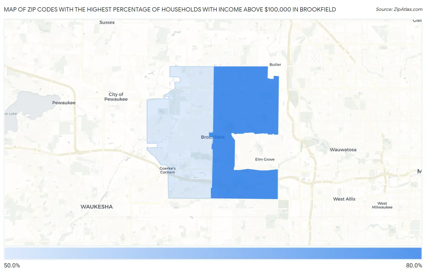 Zip Codes with the Highest Percentage of Households with Income Above $100,000 in Brookfield Map