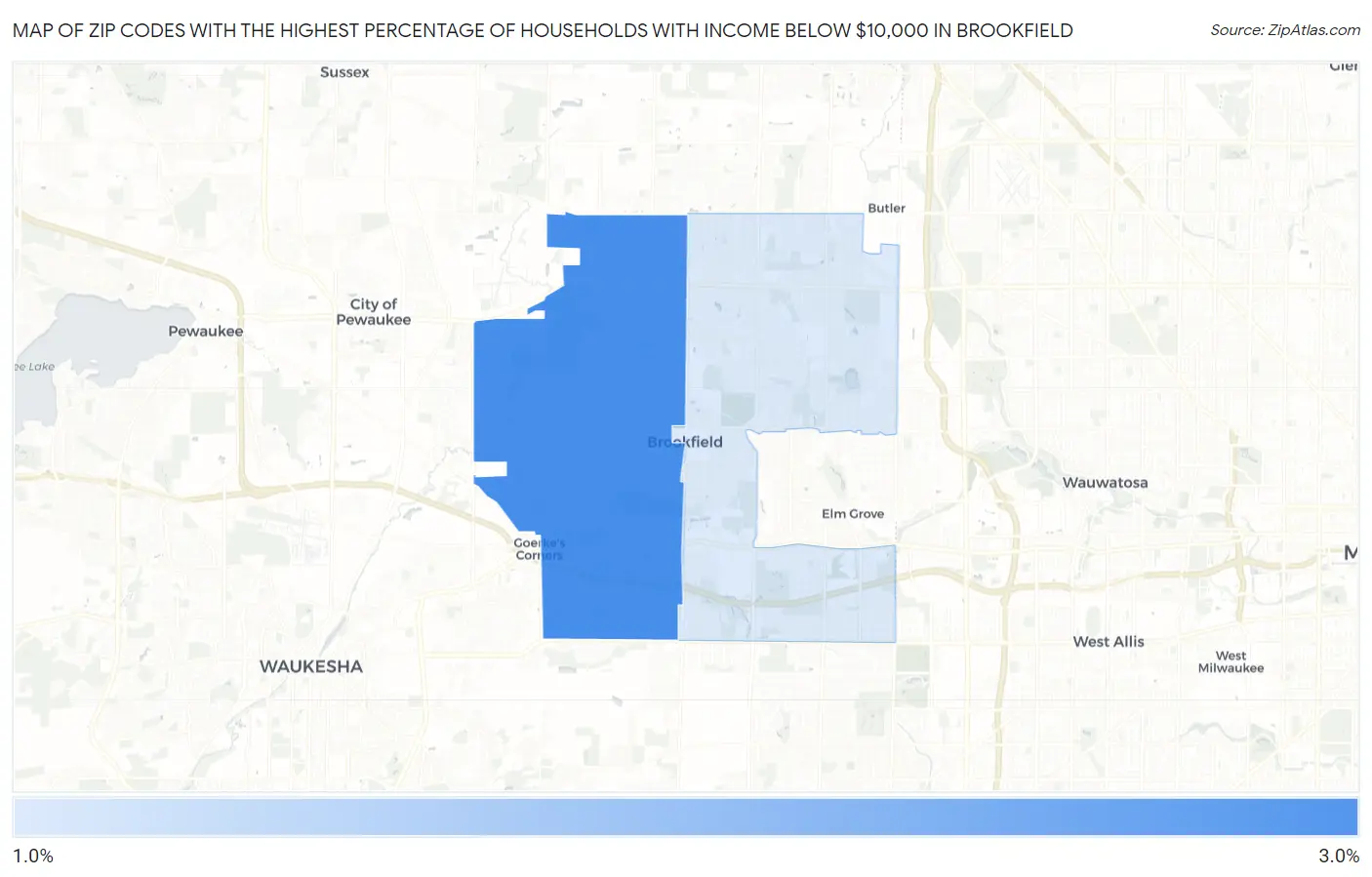 Zip Codes with the Highest Percentage of Households with Income Below $10,000 in Brookfield Map