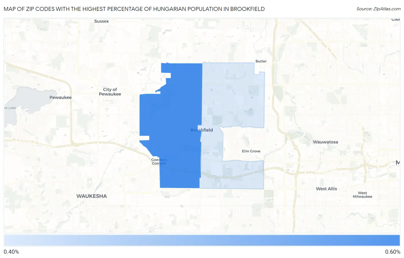 Zip Codes with the Highest Percentage of Hungarian Population in Brookfield Map