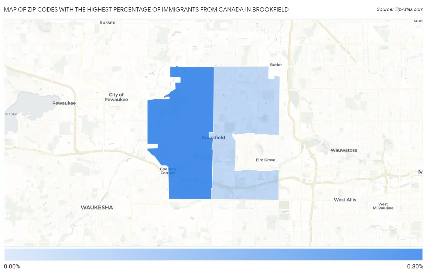 Zip Codes with the Highest Percentage of Immigrants from Canada in Brookfield Map