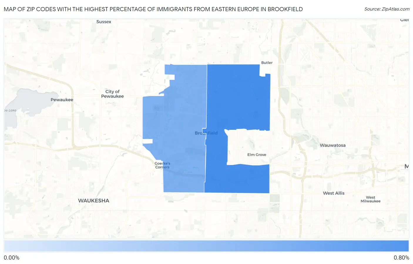 Zip Codes with the Highest Percentage of Immigrants from Eastern Europe in Brookfield Map