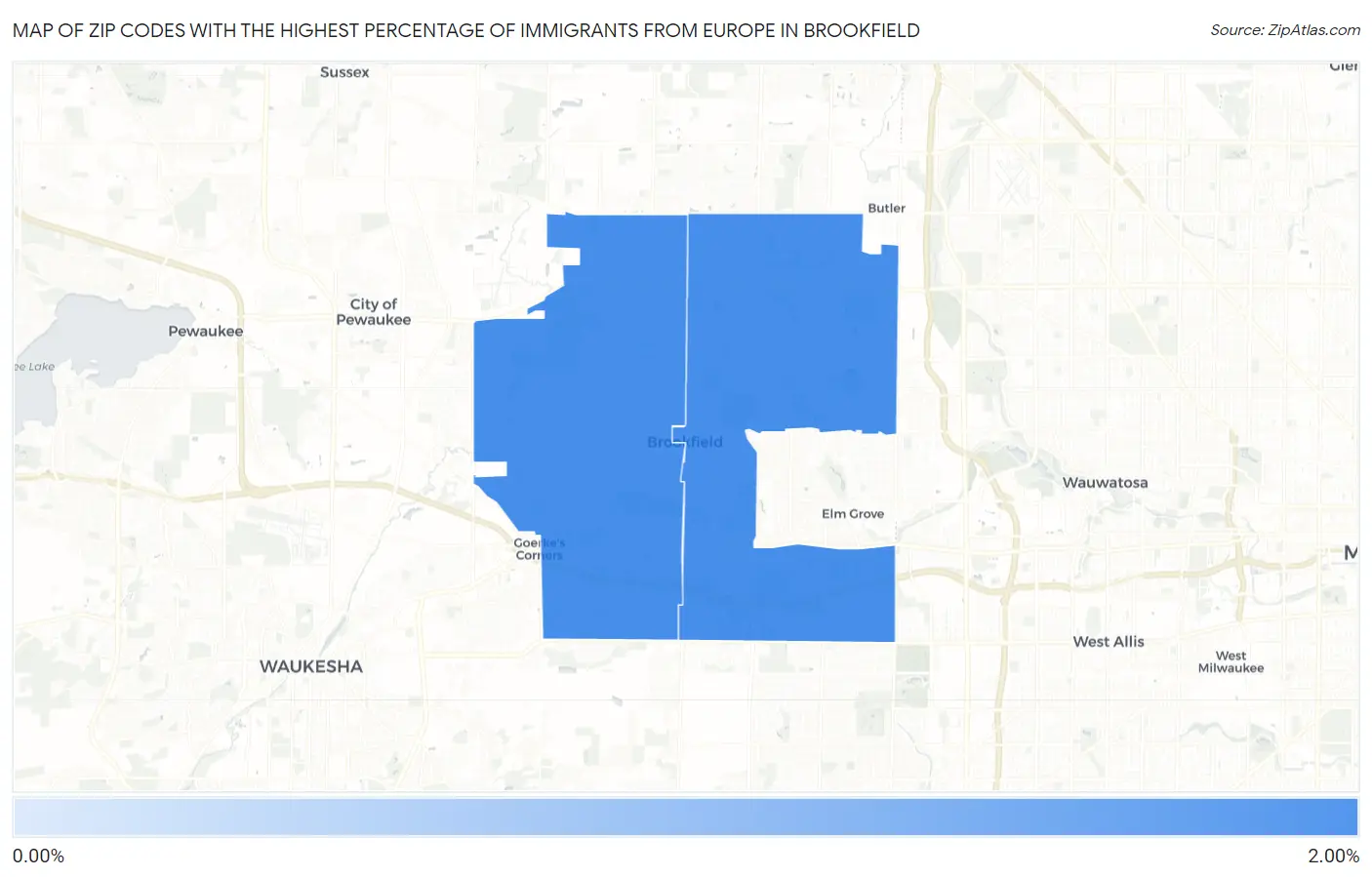 Zip Codes with the Highest Percentage of Immigrants from Europe in Brookfield Map