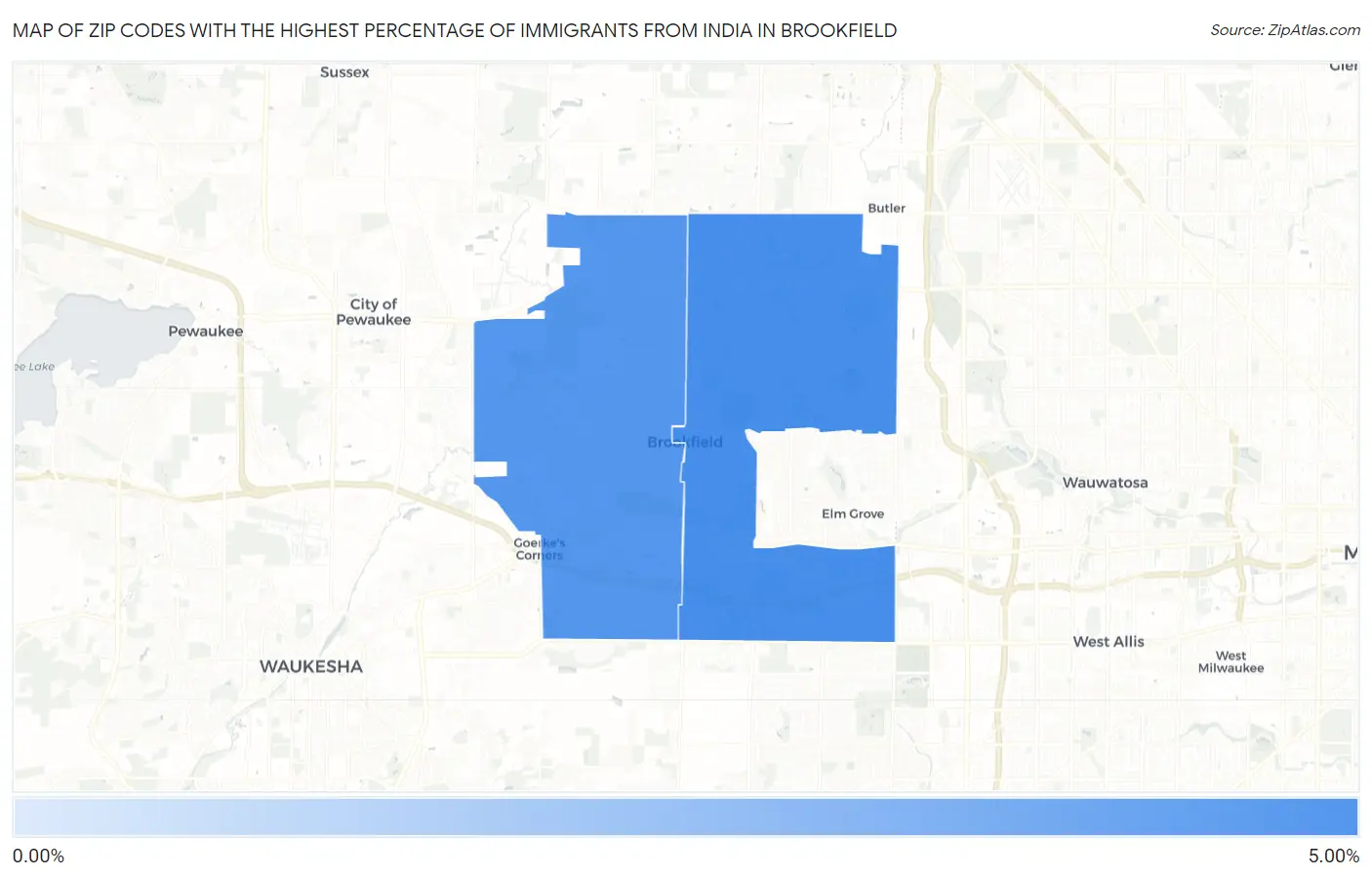 Zip Codes with the Highest Percentage of Immigrants from India in Brookfield Map