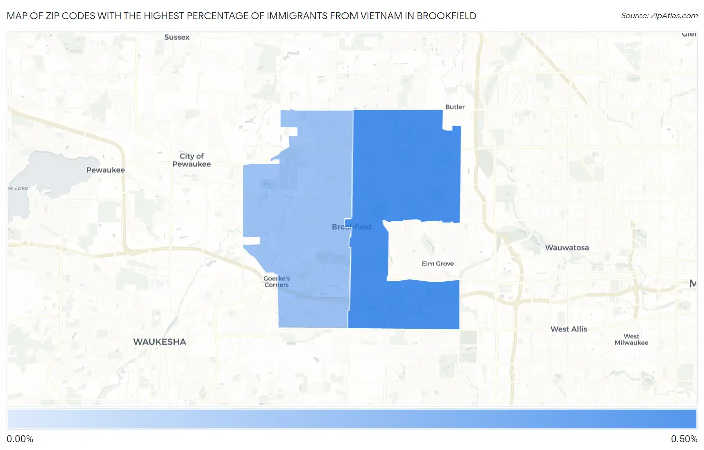 Zip Codes with the Highest Percentage of Immigrants from Vietnam in Brookfield Map