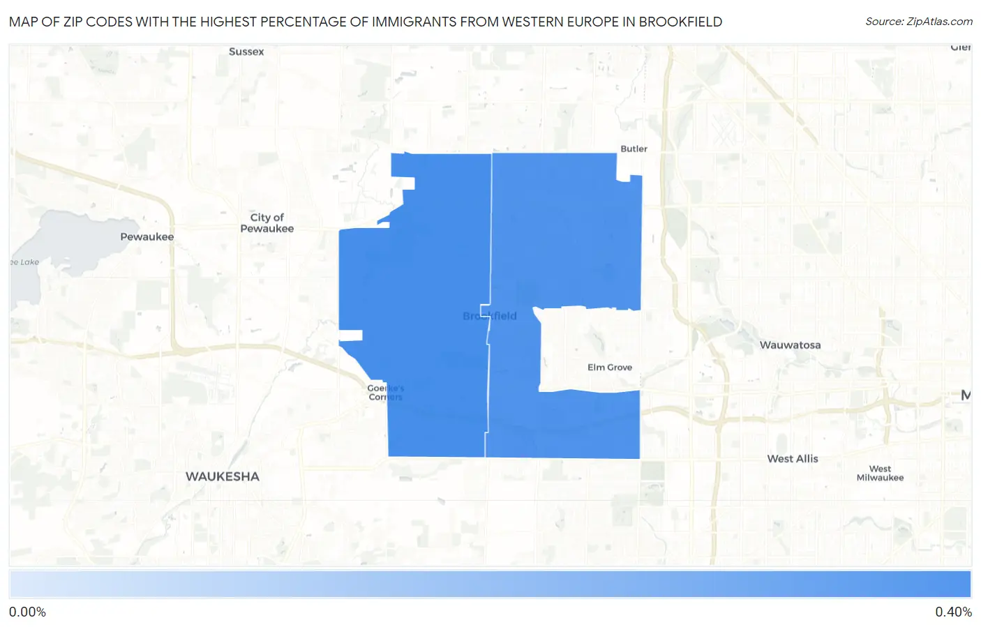 Zip Codes with the Highest Percentage of Immigrants from Western Europe in Brookfield Map