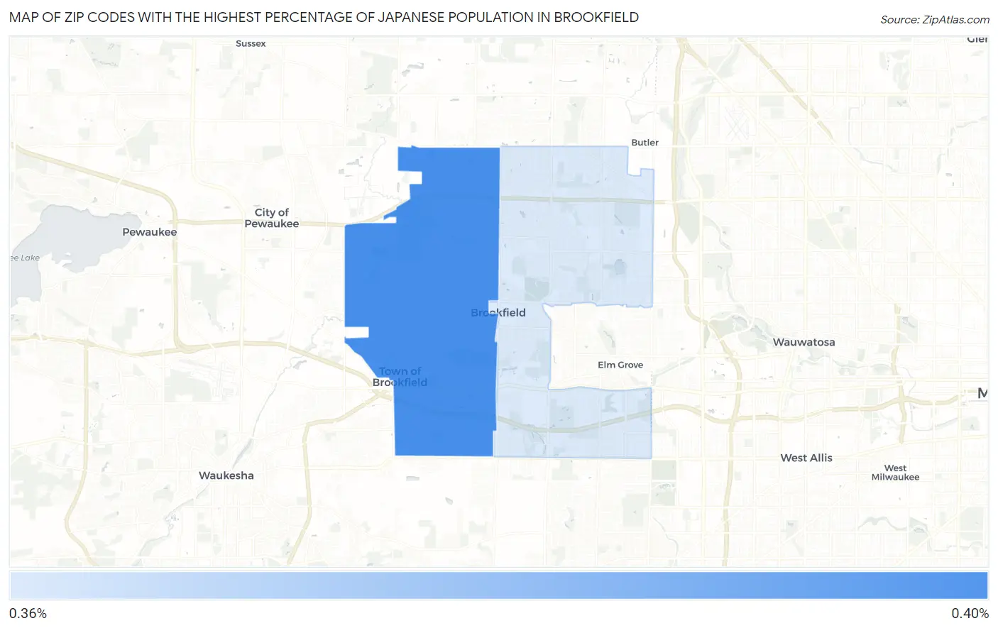 Zip Codes with the Highest Percentage of Japanese Population in Brookfield Map