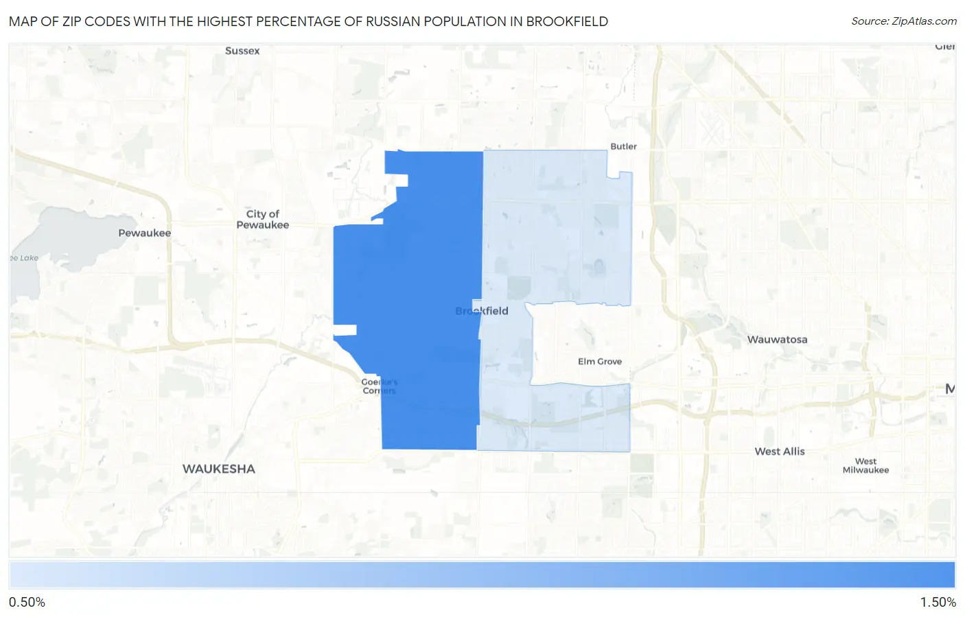 Zip Codes with the Highest Percentage of Russian Population in Brookfield Map