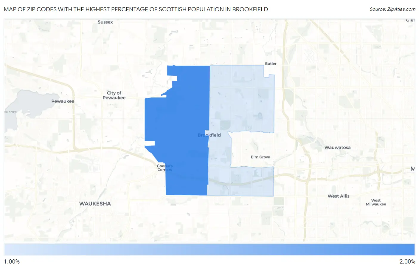 Zip Codes with the Highest Percentage of Scottish Population in Brookfield Map