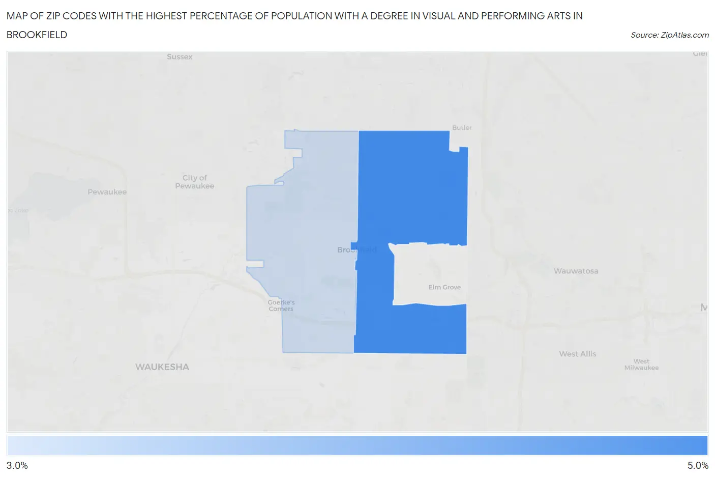 Zip Codes with the Highest Percentage of Population with a Degree in Visual and Performing Arts in Brookfield Map