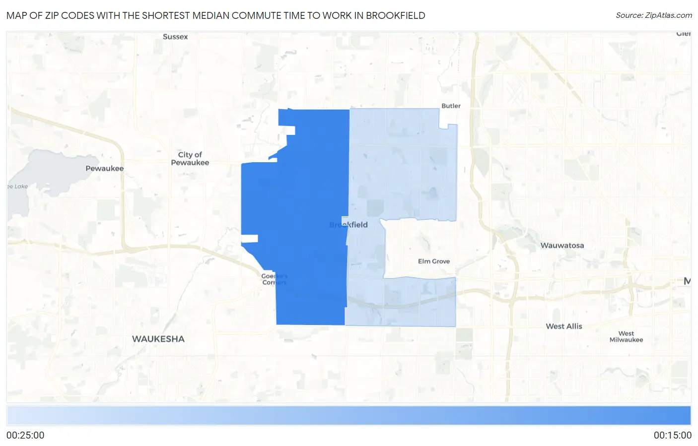 Zip Codes with the Shortest Median Commute Time to Work in Brookfield Map