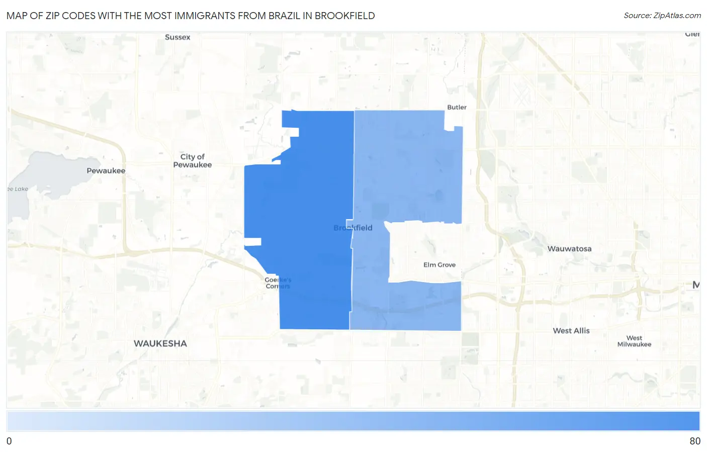 Zip Codes with the Most Immigrants from Brazil in Brookfield Map