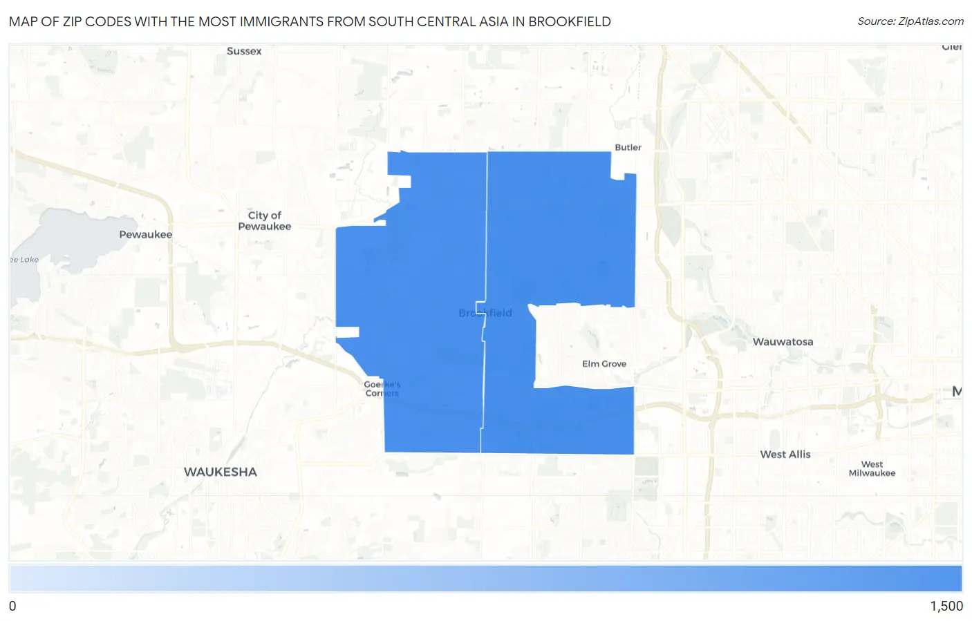 Zip Codes with the Most Immigrants from South Central Asia in Brookfield Map