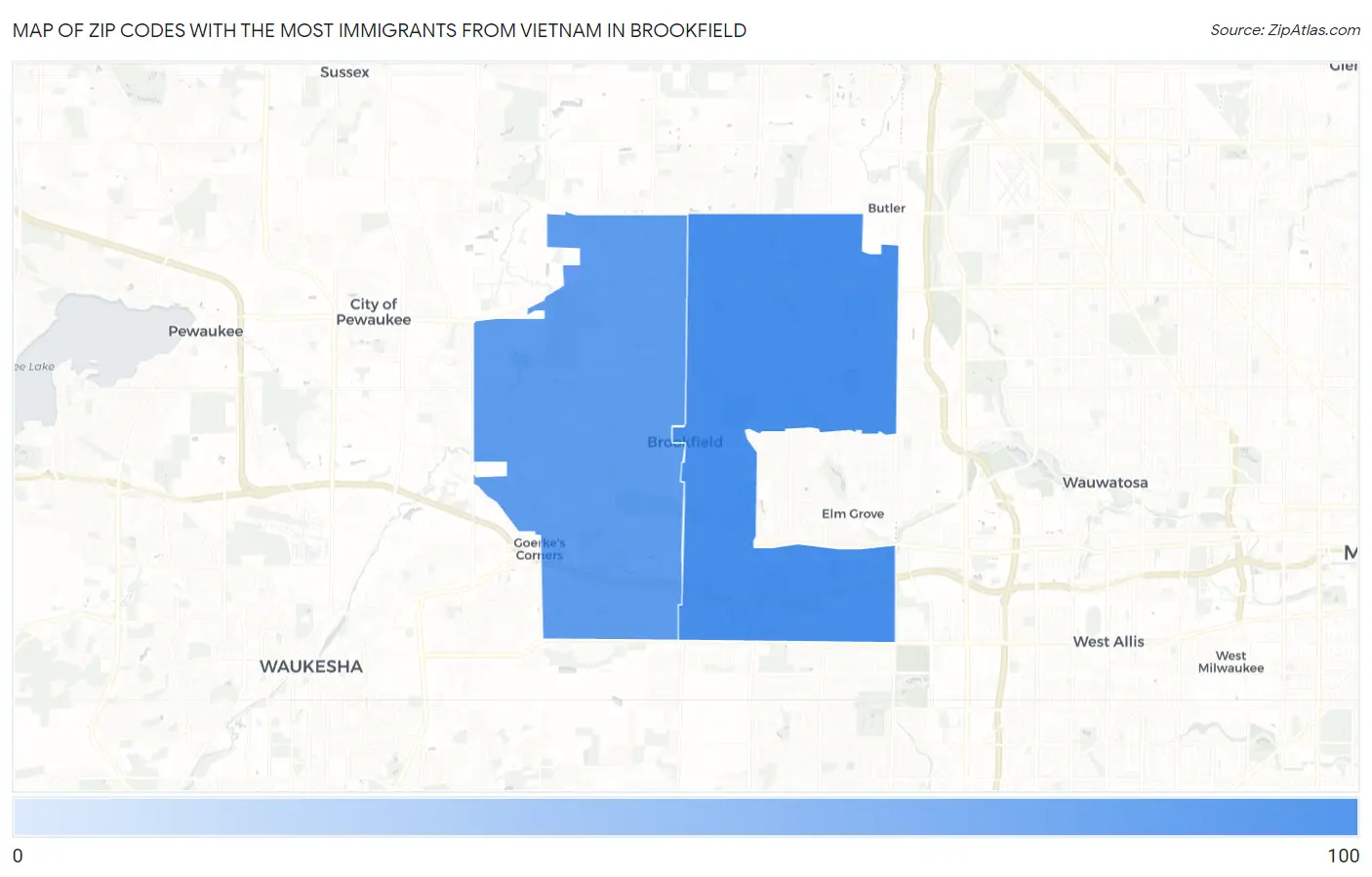 Zip Codes with the Most Immigrants from Vietnam in Brookfield Map