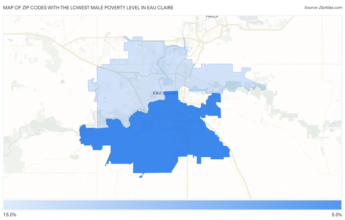 Zip Codes with the Lowest Male Poverty Level in Eau Claire Map