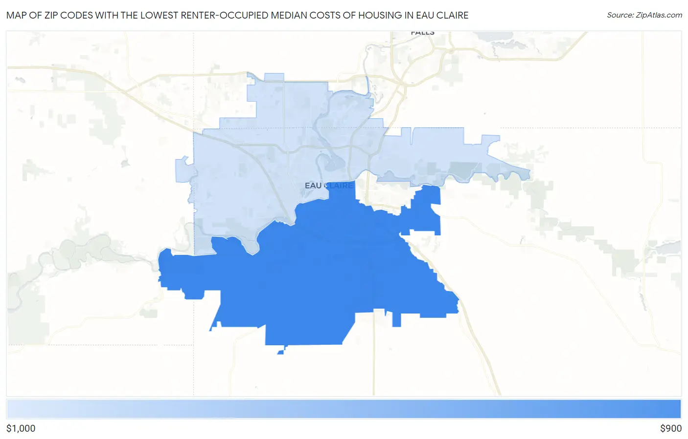 Zip Codes with the Lowest Renter-Occupied Median Costs of Housing in Eau Claire Map