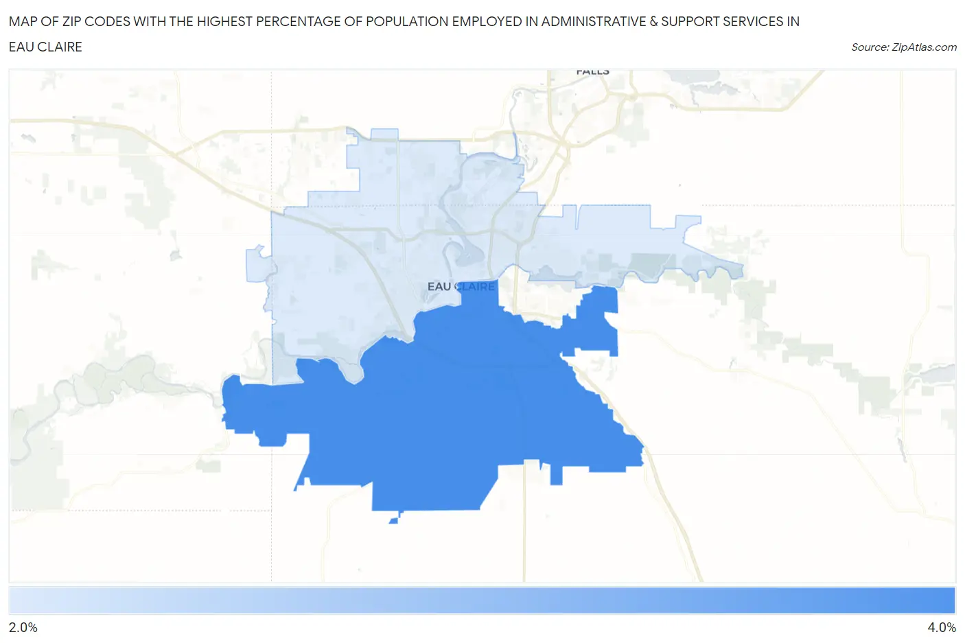 Zip Codes with the Highest Percentage of Population Employed in Administrative & Support Services in Eau Claire Map