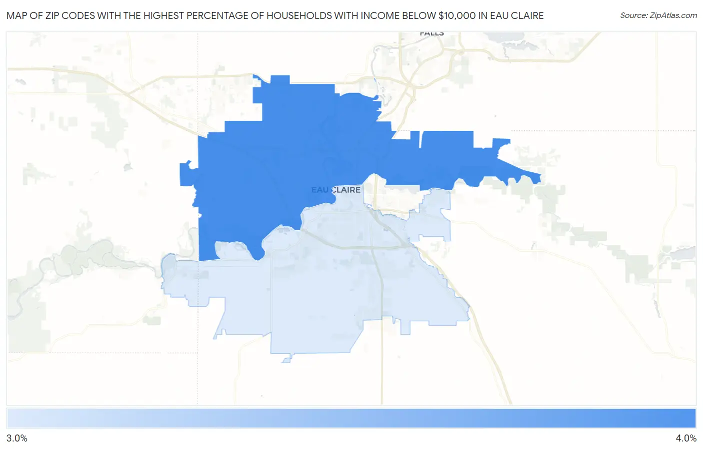 Zip Codes with the Highest Percentage of Households with Income Below $10,000 in Eau Claire Map
