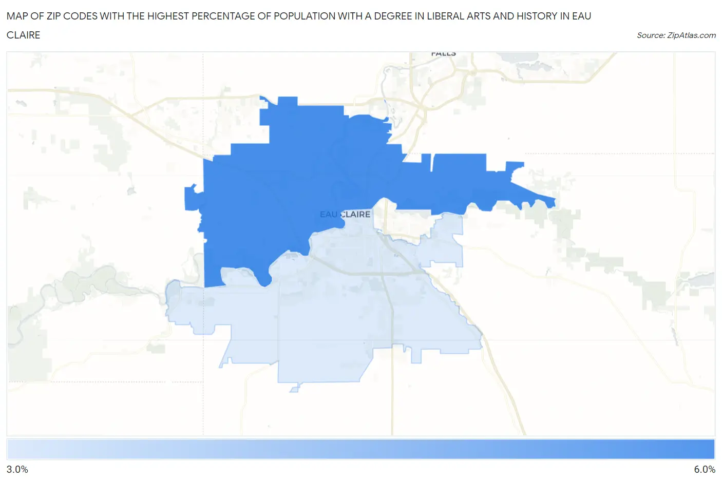 Zip Codes with the Highest Percentage of Population with a Degree in Liberal Arts and History in Eau Claire Map