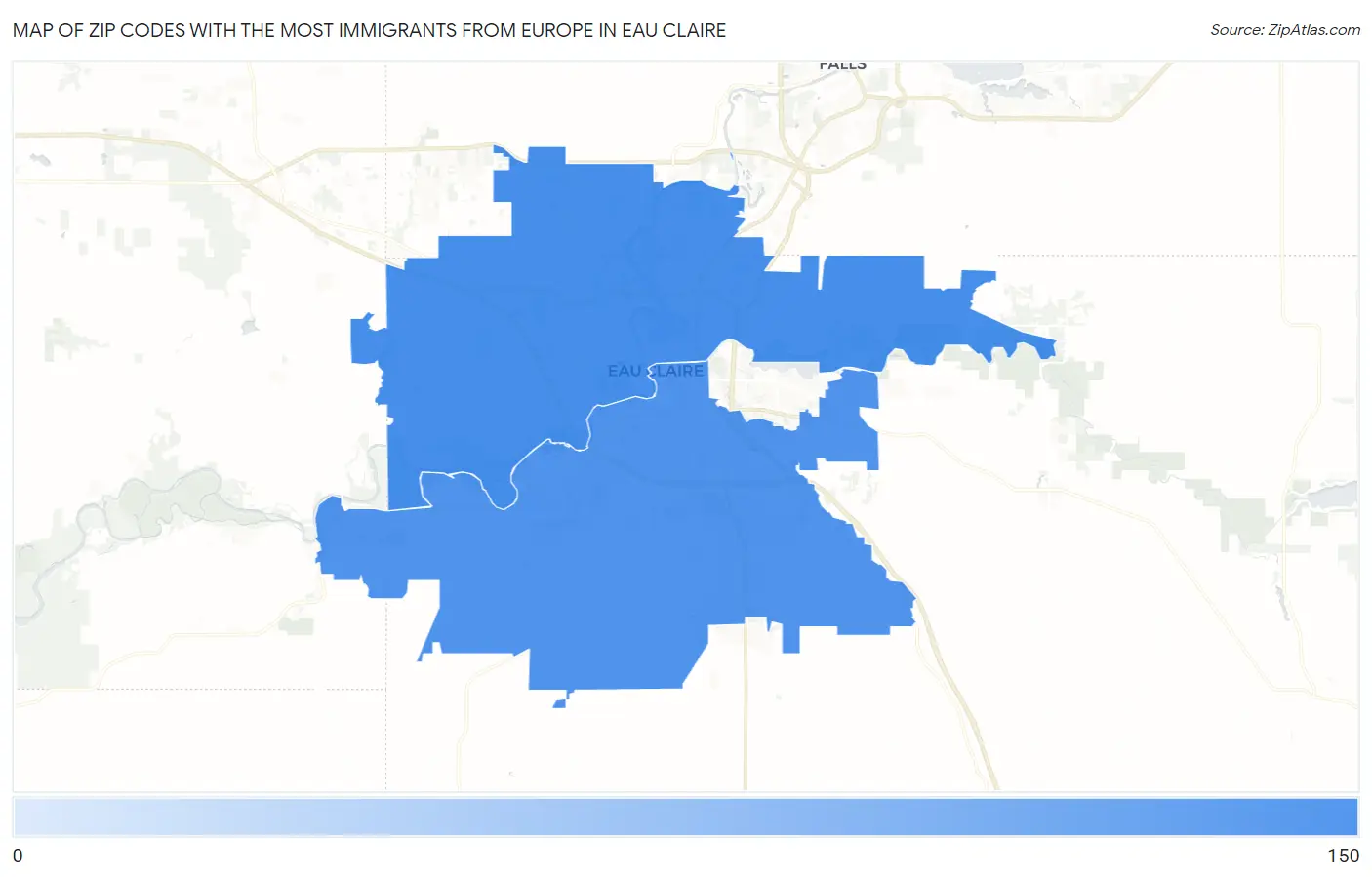 Zip Codes with the Most Immigrants from Europe in Eau Claire Map