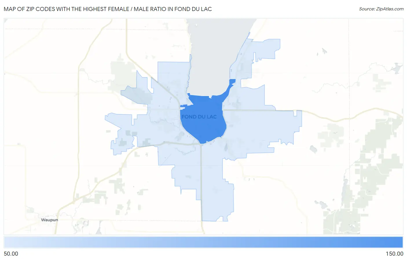 Zip Codes with the Highest Female / Male Ratio in Fond Du Lac Map