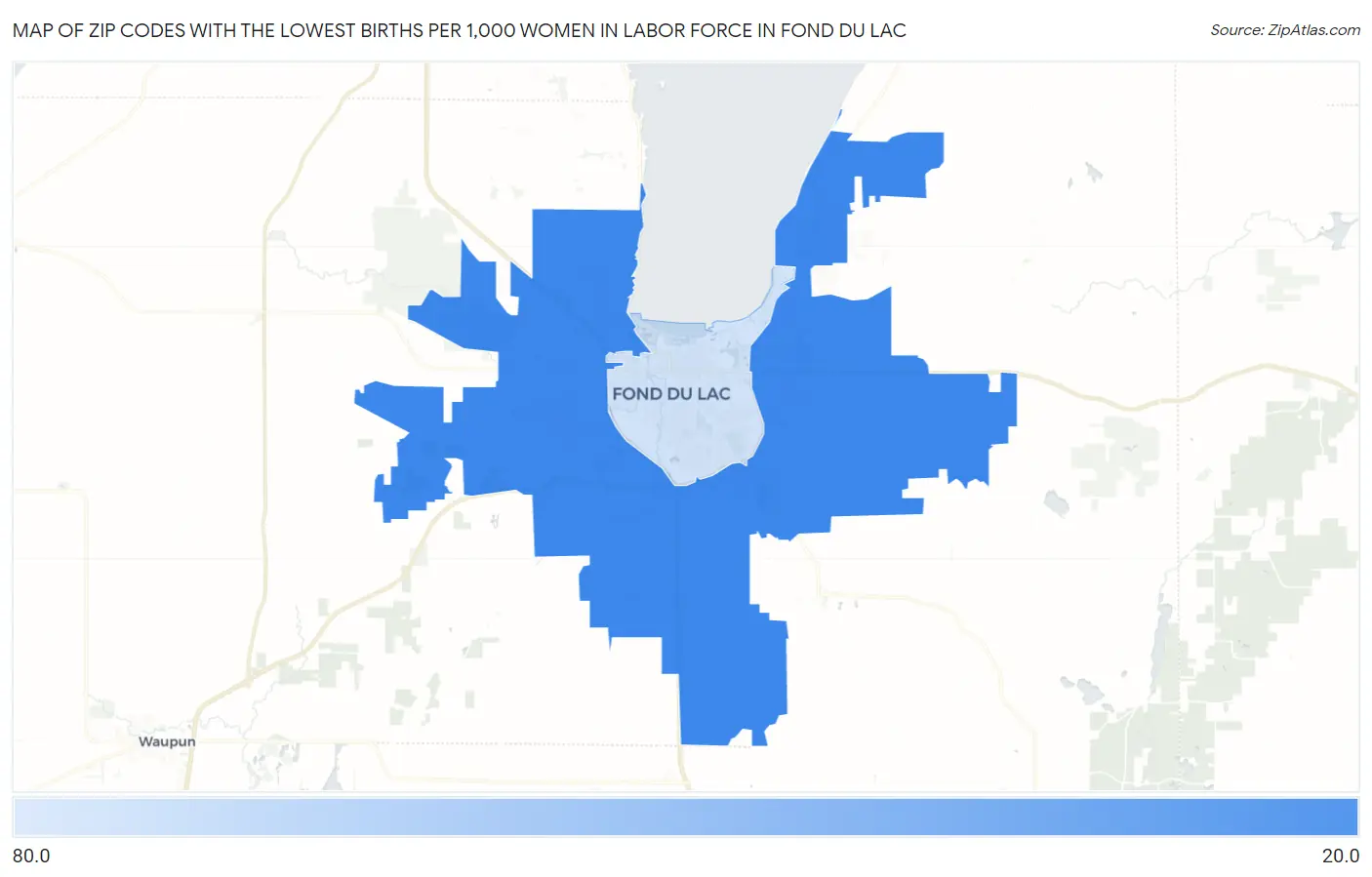 Zip Codes with the Lowest Births per 1,000 Women in Labor Force in Fond Du Lac Map