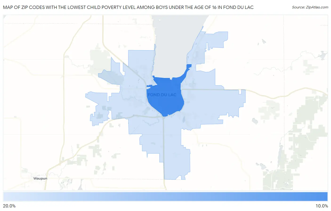 Zip Codes with the Lowest Child Poverty Level Among Boys Under the Age of 16 in Fond Du Lac Map