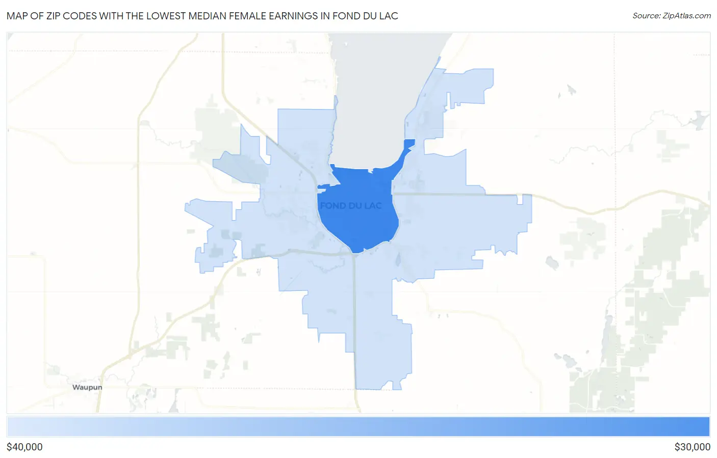 Zip Codes with the Lowest Median Female Earnings in Fond Du Lac Map