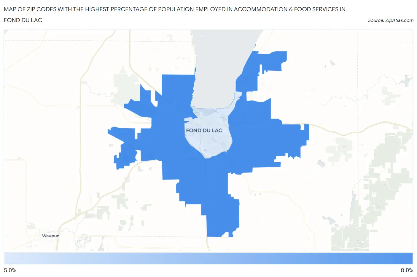 Zip Codes with the Highest Percentage of Population Employed in Accommodation & Food Services in Fond Du Lac Map