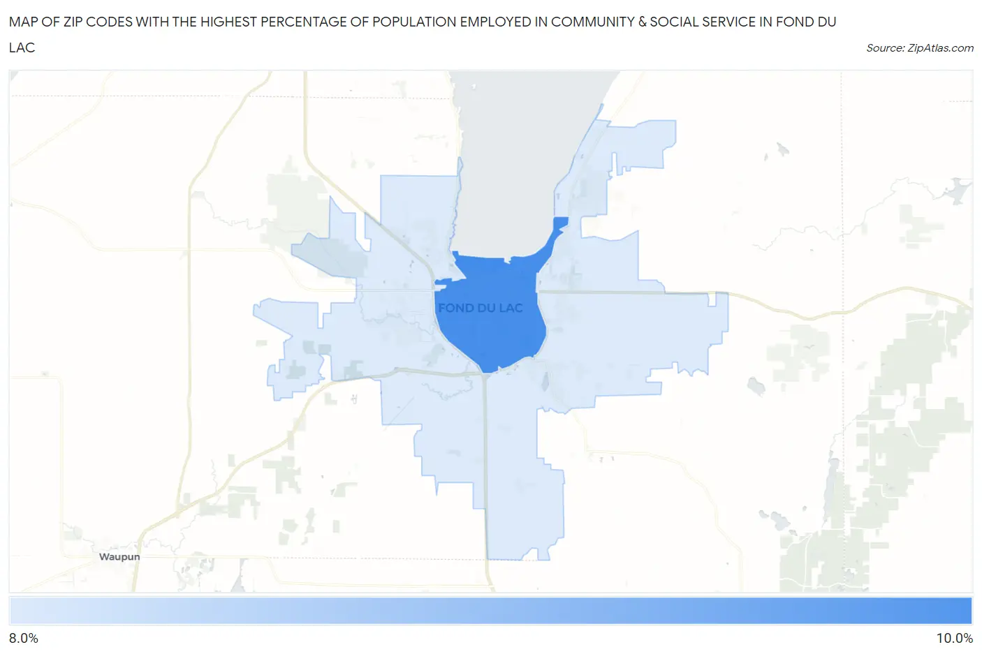 Zip Codes with the Highest Percentage of Population Employed in Community & Social Service  in Fond Du Lac Map
