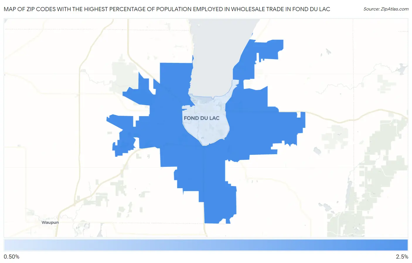 Zip Codes with the Highest Percentage of Population Employed in Wholesale Trade in Fond Du Lac Map