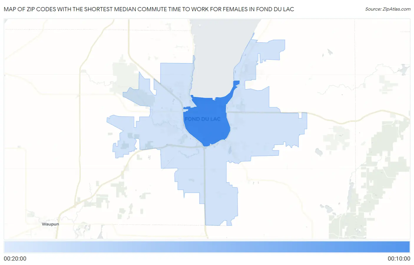Zip Codes with the Shortest Median Commute Time to Work for Females in Fond Du Lac Map