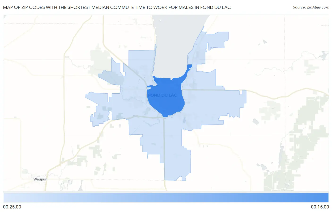 Zip Codes with the Shortest Median Commute Time to Work for Males in Fond Du Lac Map