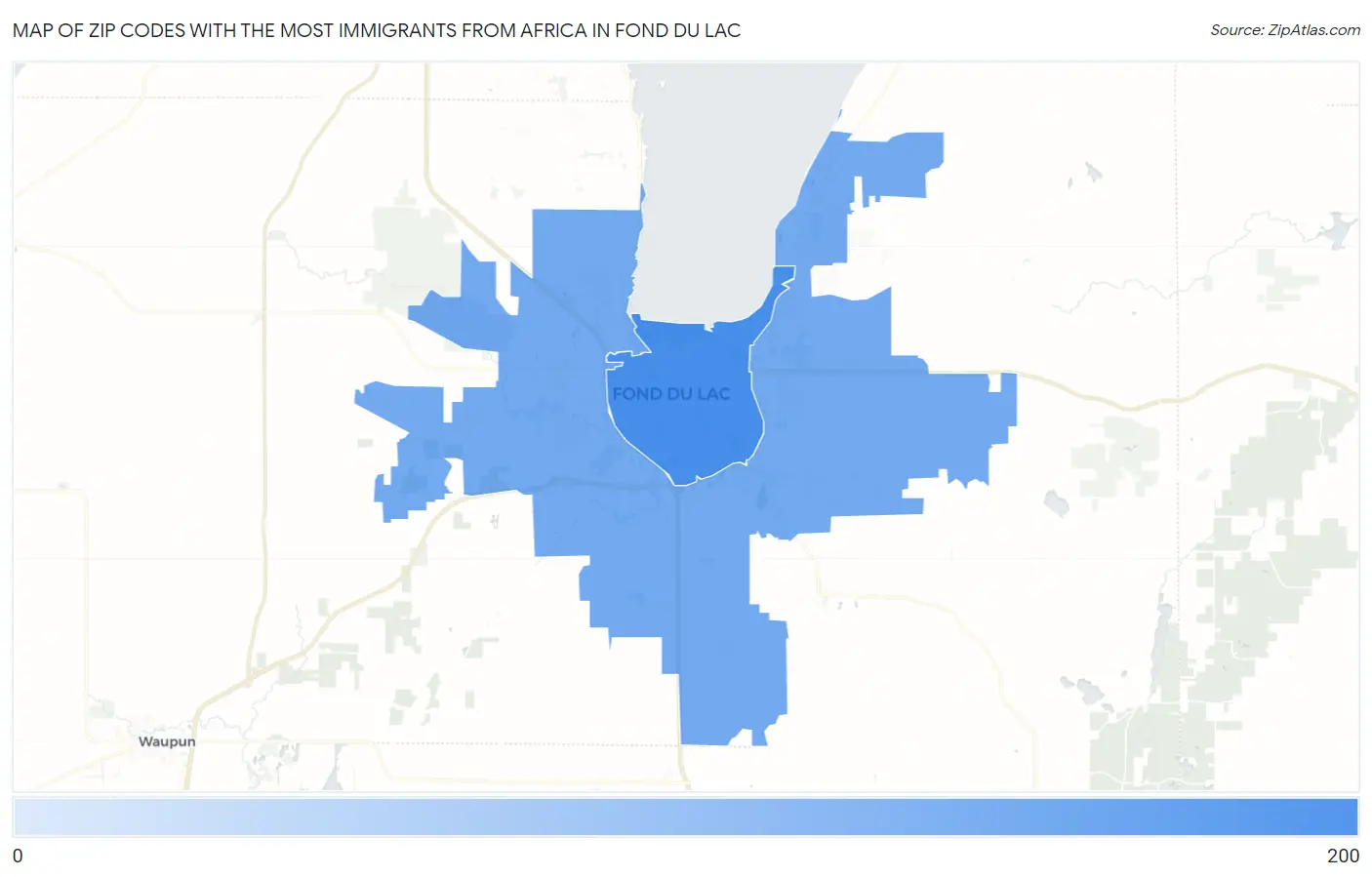 Zip Codes with the Most Immigrants from Africa in Fond Du Lac Map