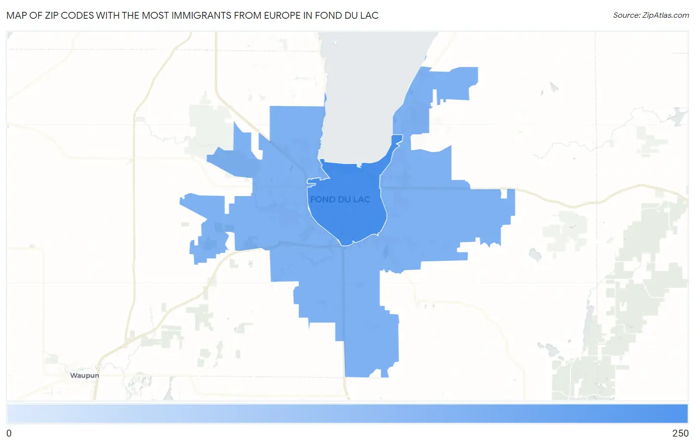 Zip Codes with the Most Immigrants from Europe in Fond Du Lac Map