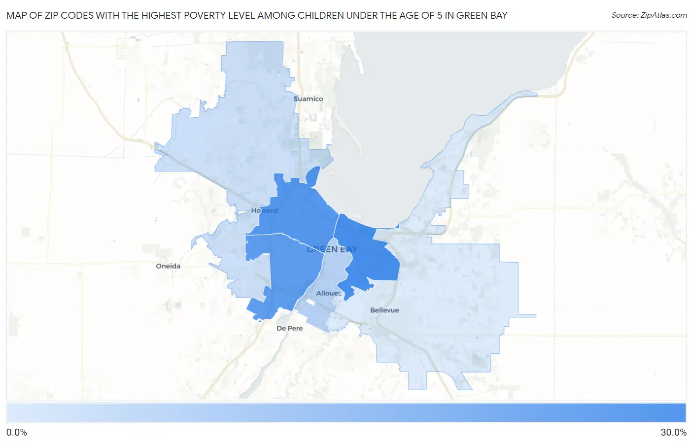 Zip Codes with the Highest Poverty Level Among Children Under the Age of 5 in Green Bay Map