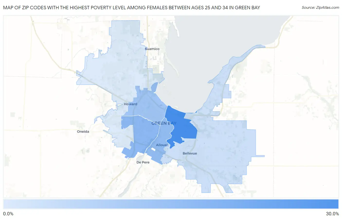 Zip Codes with the Highest Poverty Level Among Females Between Ages 25 and 34 in Green Bay Map