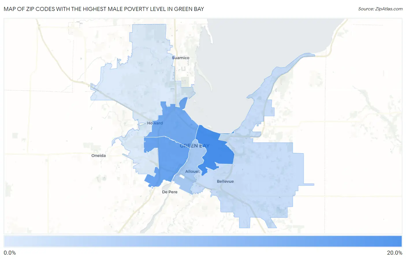 Zip Codes with the Highest Male Poverty Level in Green Bay Map