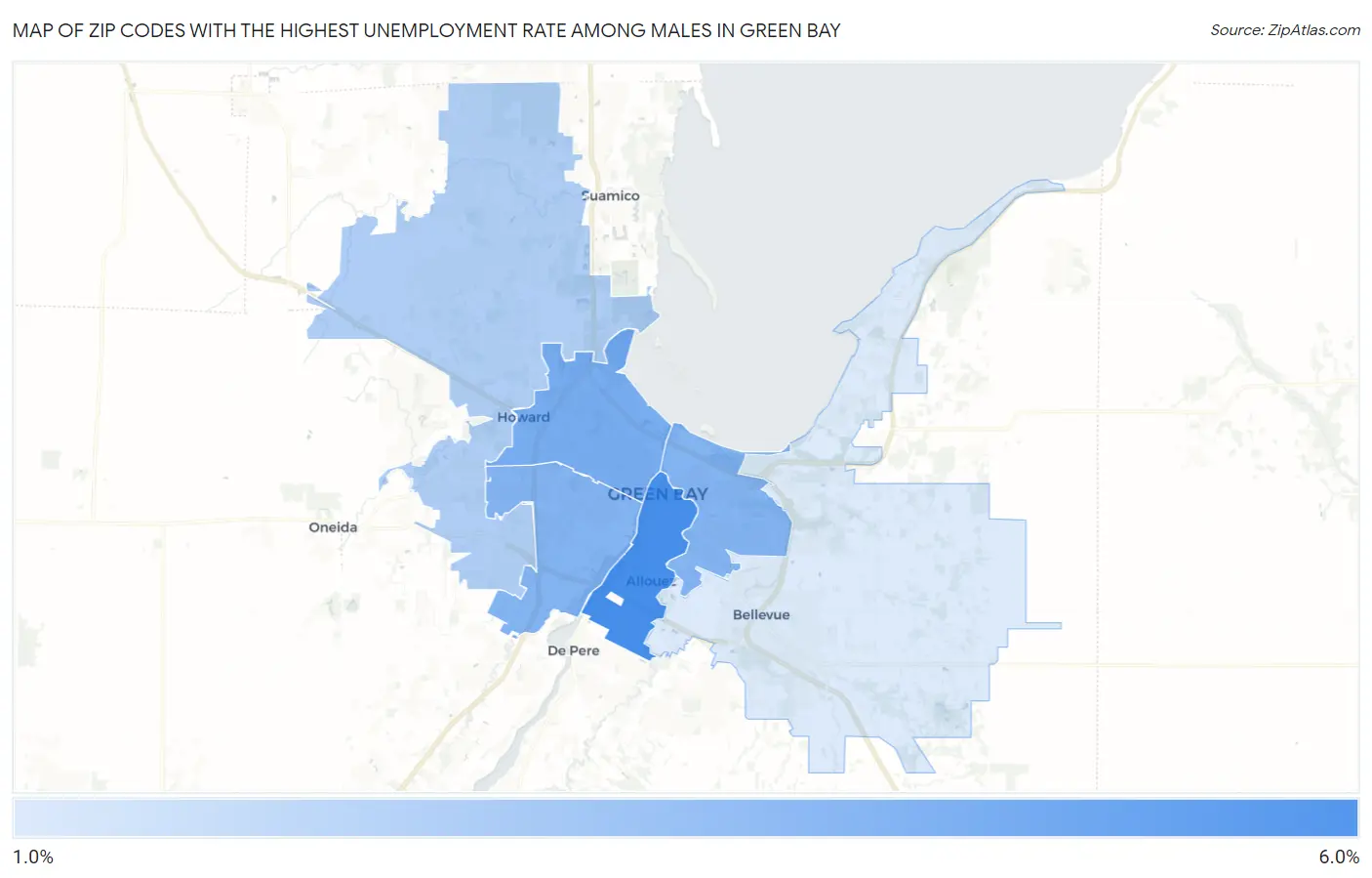 Zip Codes with the Highest Unemployment Rate Among Males in Green Bay Map