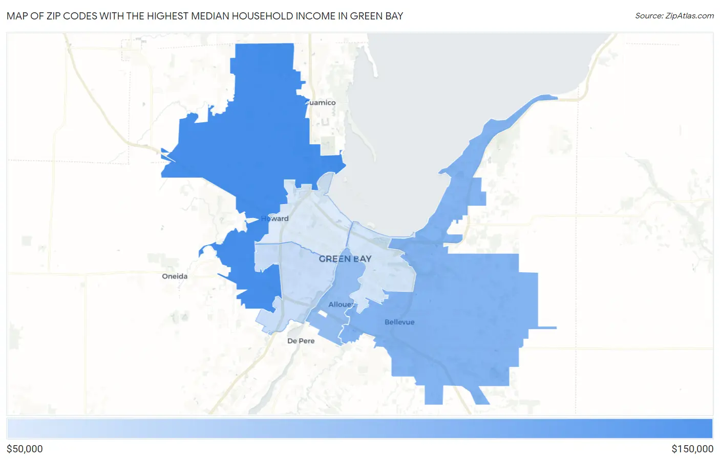 Zip Codes with the Highest Median Household Income in Green Bay Map